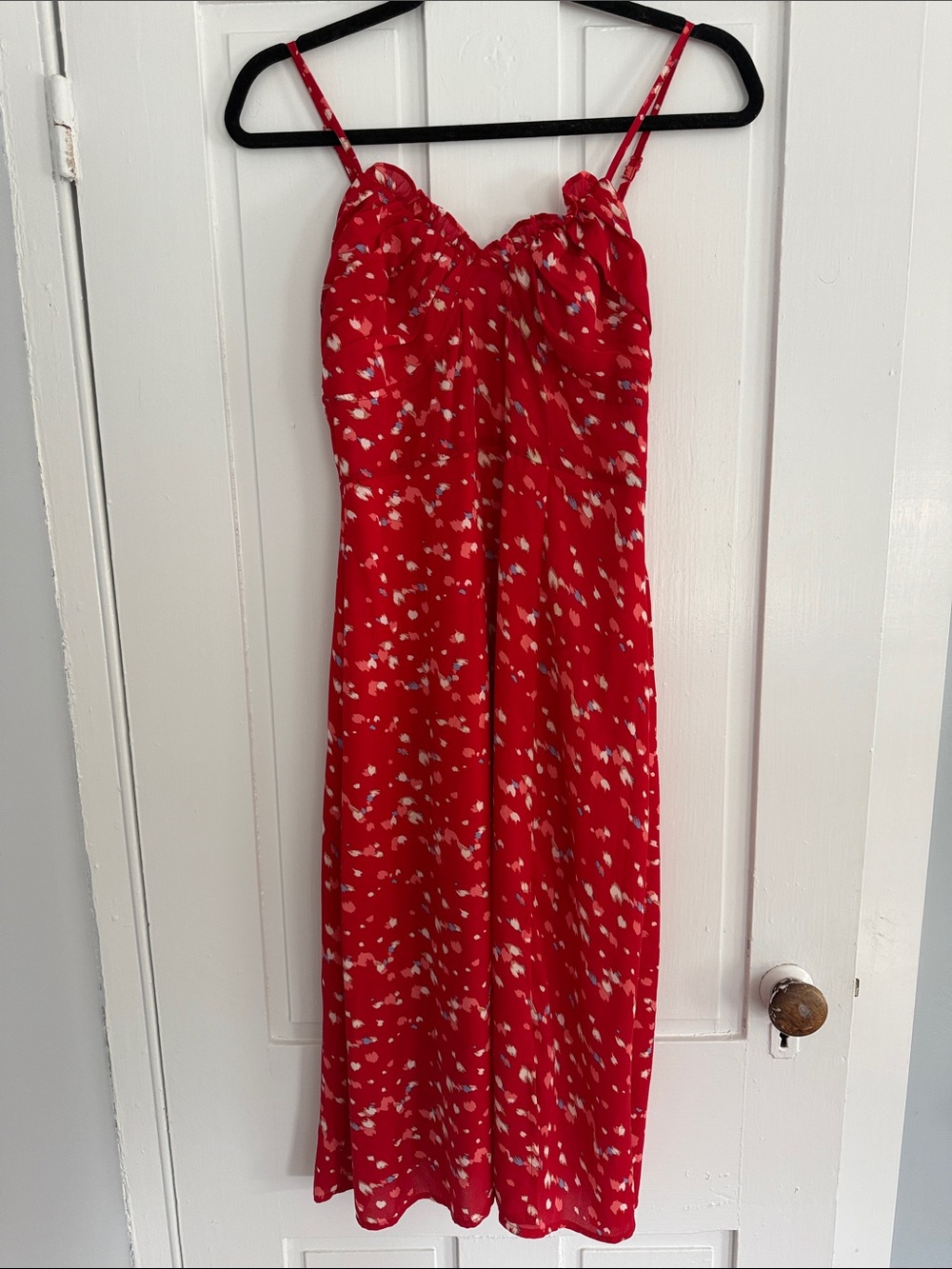 Red Floral Midi Slip Dress with Spaghetti Straps